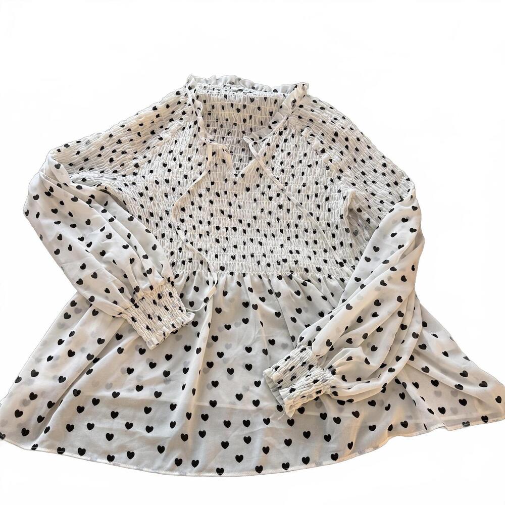 ROSE + OLIVE SZ L White/Black Heart Peplum Smocked Long Sleeve Blouse Romantic - Picture 3 of 9